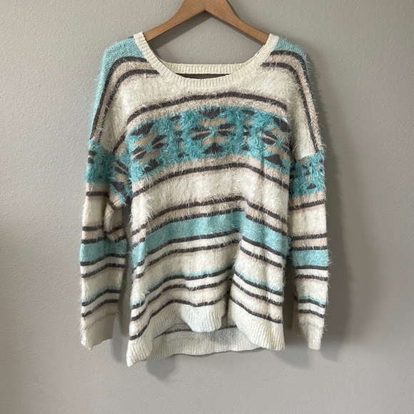Xhilaration XXL Fuzzy Crewneck Striped Sweater Turquoise/Cream/Gray - Picture 2 of 16
